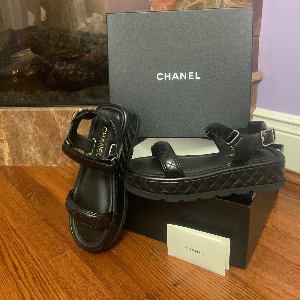CHANEL Black Lambskin Quilted CC Logo Platform Sandals